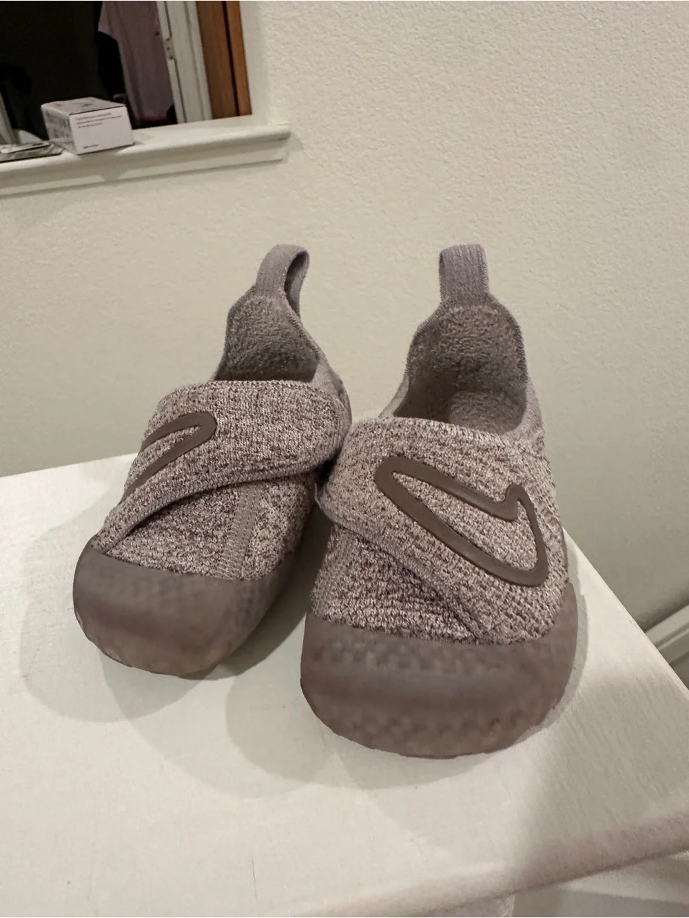 Nike Swoosh Taupe Knit Slip-On Sneakers with Hook-and-Loop
